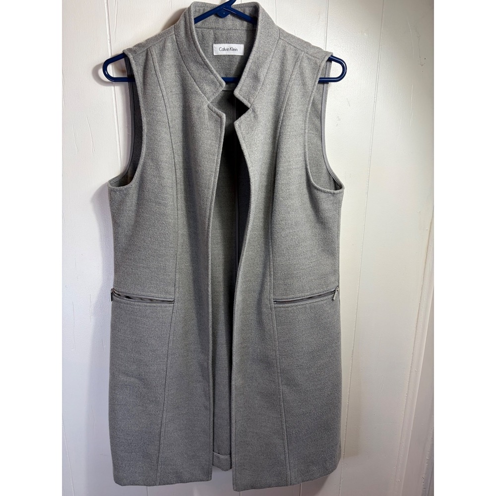 Calvin Klein Gray Sleeveless Longline Mock Neck Zipper Pocket Vest Coat Size M